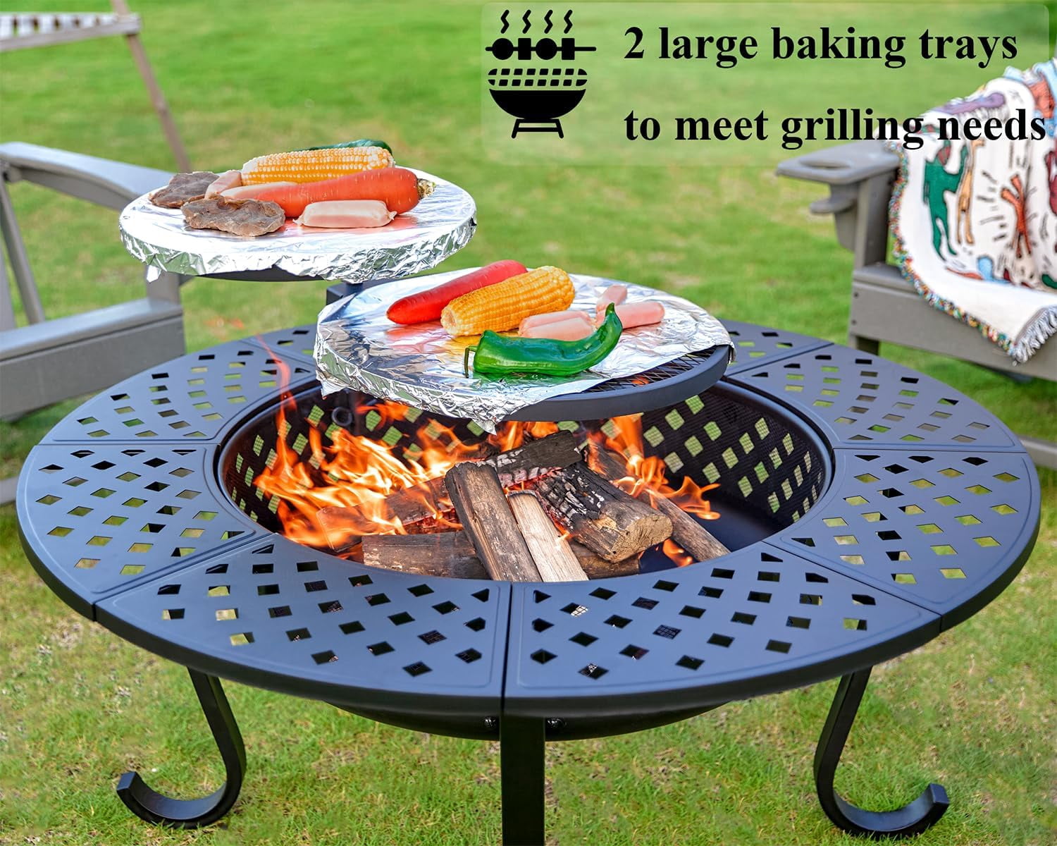 ZIENLIFE 43" Large Fire Pit with 2 Grill, Outdoor Wood Burning Firepit with Lid & Poker, Metal Round Table for Patio, Backyard, Picnic, Camping, Black