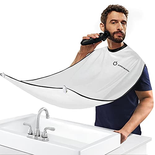 Beard Bib Apron, Beard Hair Clippings Catcher for Shaving and Trimming, Grooming Cape Apron with 4 Suction Cups, Adjustable Neck Straps, Beard Gift for Men - White Beard Bib Apron, Beard Hair Clippings Catcher for Shaving and Trimming, Grooming Cape Apron with 4 Suction Cups, Adjustable Neck Straps, Beard Gift for Men - White