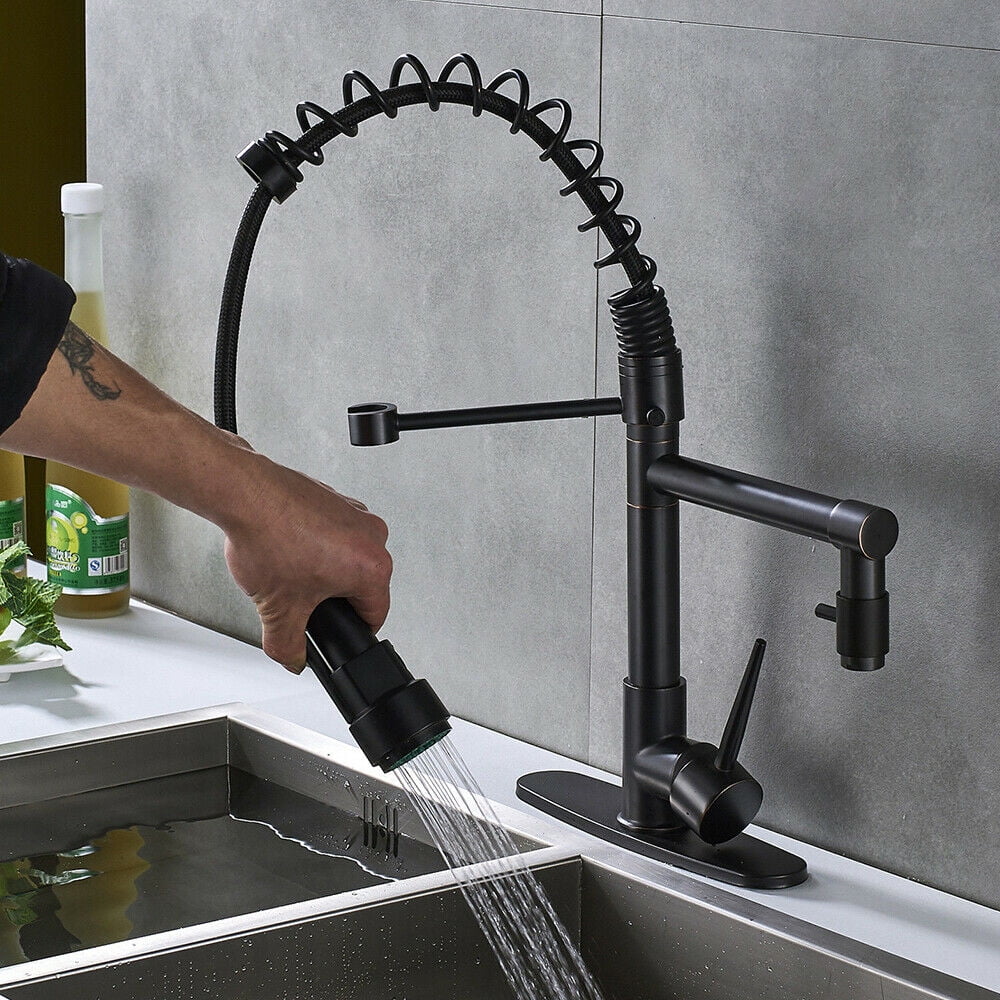 Spring Kitchen Sink Faucet Pull Down Sprayer with Cover Plate Black Bronze Mixer