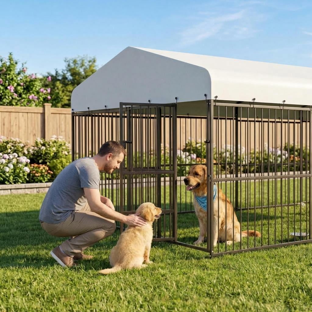 10*15FT Heavy Duty Outdoor Dog Kennel, Iron Alloy Large Playpen Fence with Secure Lock, Weather Resistant Black Iron Outside Dog Run for Yard, Spacious Pet House for Garden Backyard