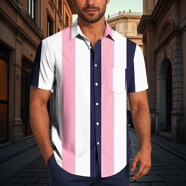 Blusa y camisa de manga corta con cuello vuelto para hombre, blusa informal de moda con cuello vuelto y estampado de rayas, blusa de manga corta con botones, blusa de poliéster para hombre