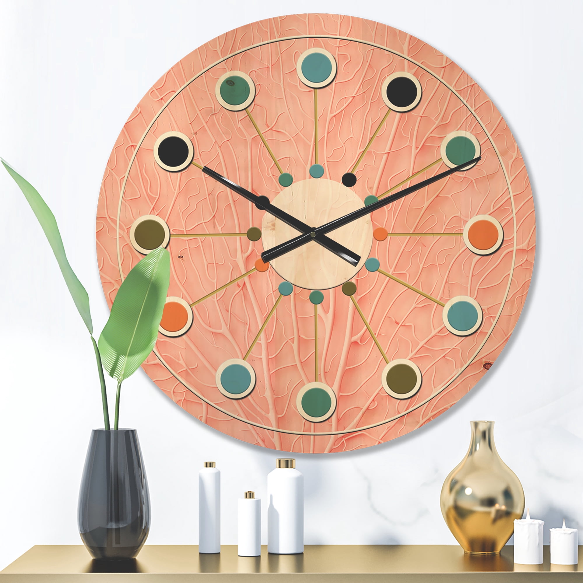 Designart 'Living Botanical Coral Pink' Mid-Century Modern Wood Wall Clock