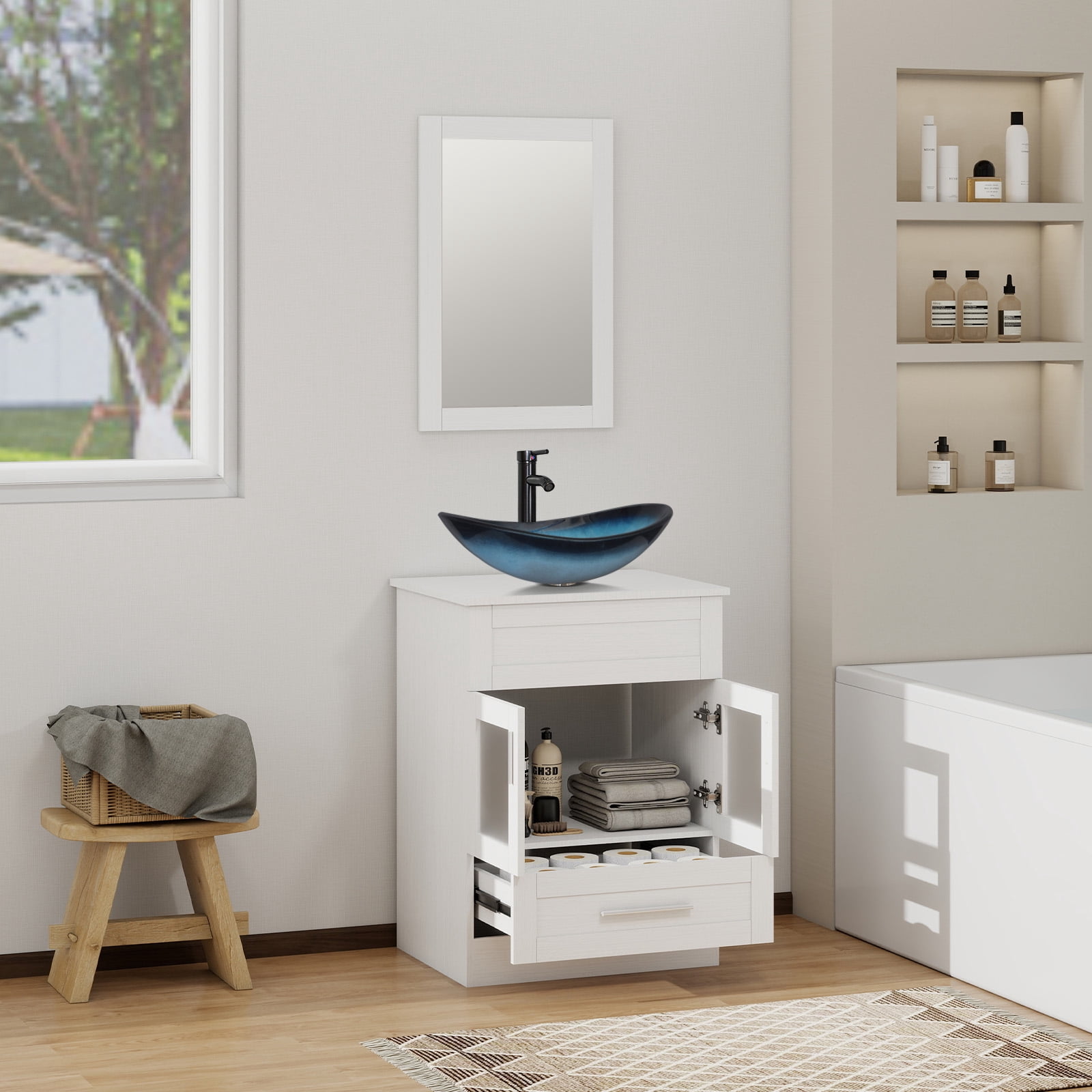 ELECWISH 24" Vanity Bathroom Cabinet with Mirror and Vessel Sink Bowl Faucet Combo Set