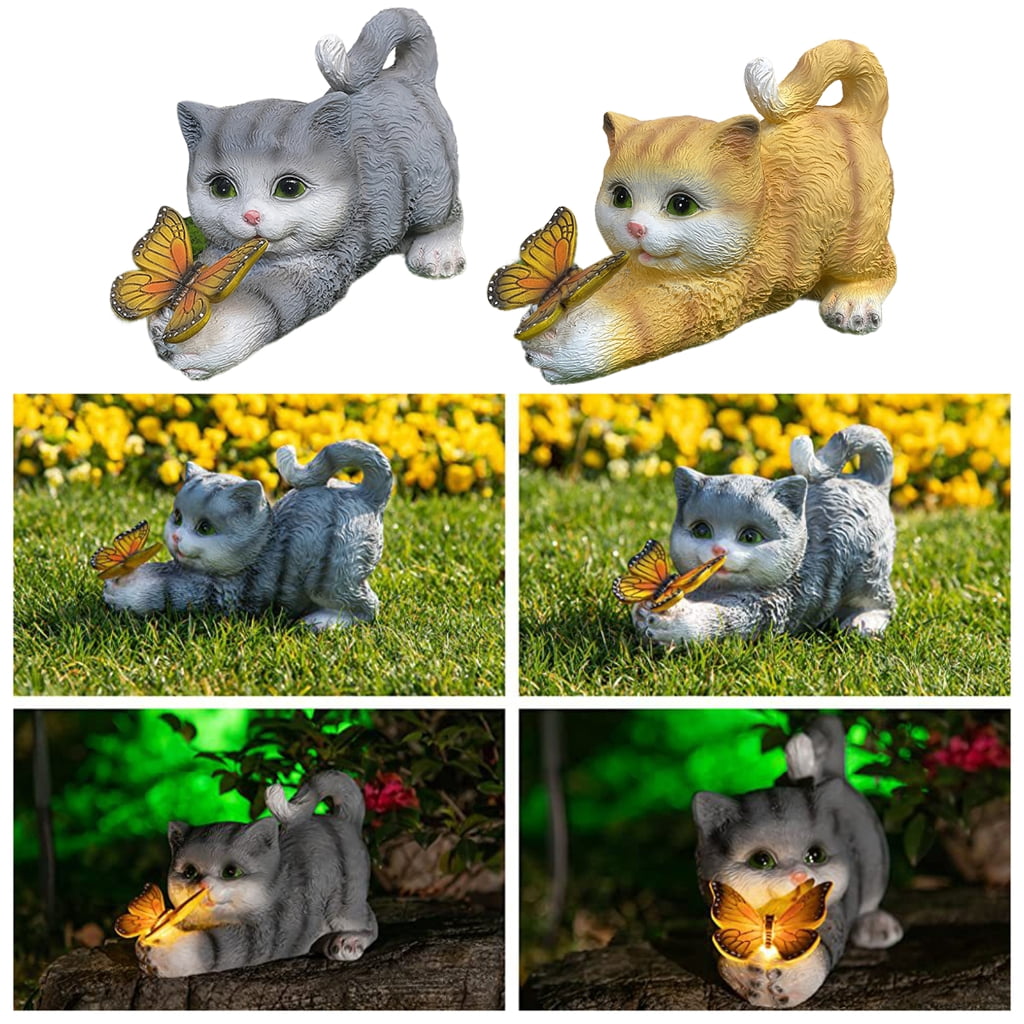 Resin Cats Solar Light Garden Statue for Yard Lawn Decoration Life Like Cats Solar Lamp with Butterfly Decorative Figurine