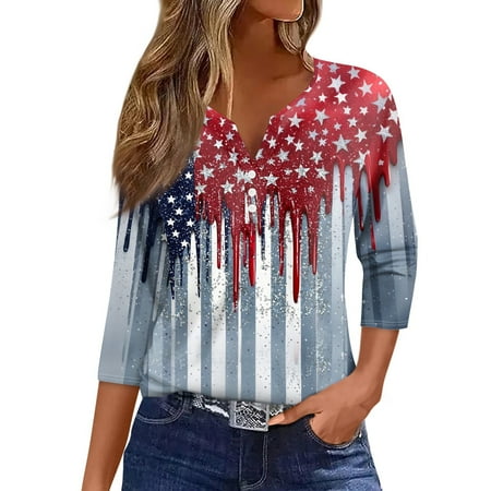 Summer Tops  T Shirt Casual Button 3/4 Length Sleeve 4Th Of July V Neck Pullover Top Red White And Royal Blue Tshirt Tops For Women 2025 Plus Size Sweatshirts Corset Tops (XL  Gray) ZMTing