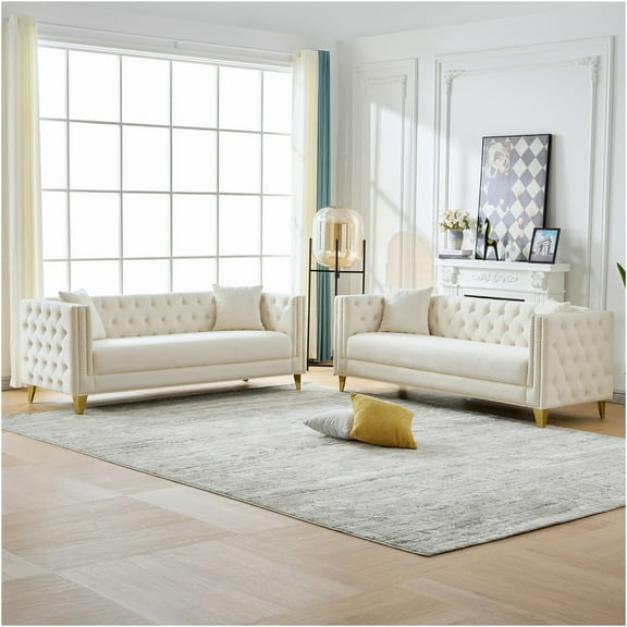 JERFIT Modern Chesterfield Velvet Sofa 3 3 Seater for Living Room, Button Tufted Upholstered Couch with Nailhead Trim, Beige
