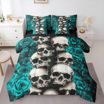 Manfei Spooky Halloween Skull 7 Pieces Bedding Comforter Set,Gothic Skeleton Full Bedding Set,Cyan Flower Floral Fitted Sheet Flat Sheet For Boys Girl,Microfiber Bedroom Decor Reversible
