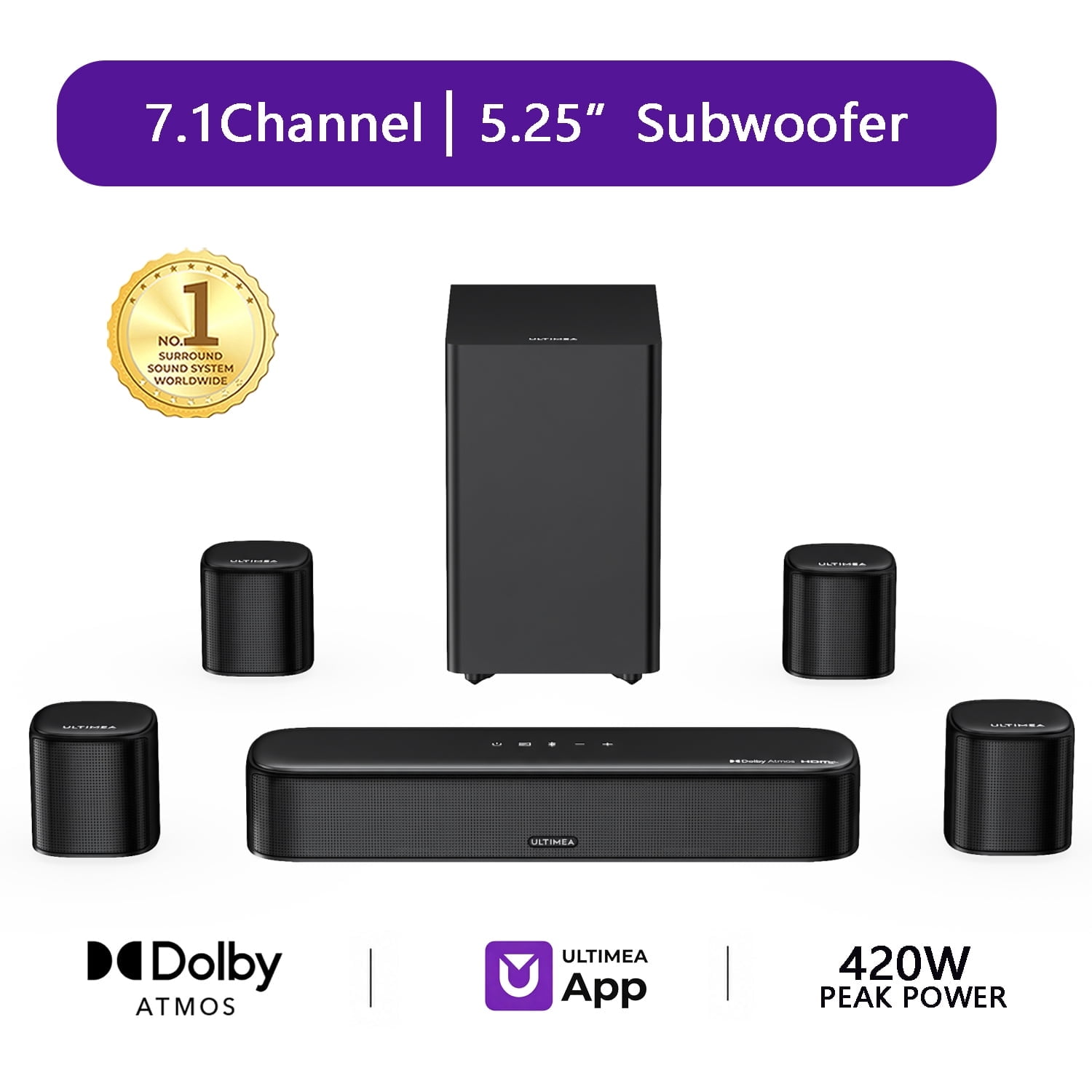 ULTIMEA 7.1ch Soundbar with Dolby Atmos for TV, Surround Sound System with 5.25" Subwoofer, VoiceMX, BassMX, 4 Surround Speakers, 420W Peak Power, HDMI eARC, APP Control, Aura S5T
