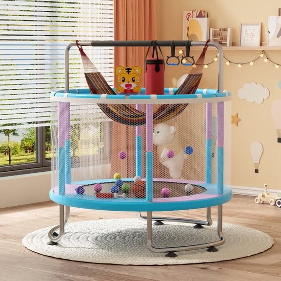 AOJA 5FT Kids Trampoline with Basketball Hoop & Swing, Toddler Jumper with Safety Enclosure Net, Adjustable Gym Bar, 440lbs Capacity Indoor Outdoor Play Jumping Toy for Ages 1 , Blue