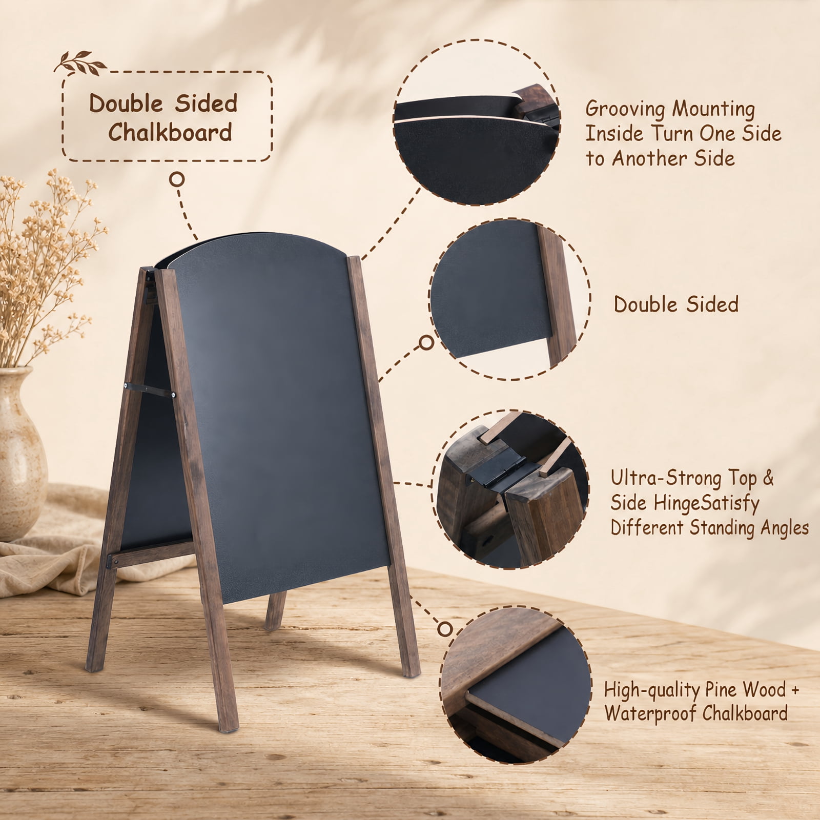 SUGIFT 40 Inch Wood A Frame Sidewalk Sign, Double Sided Chalkboard Folding Sandwich Board for Wedding Restaurant Cafe Menu Advertising and Announcements, Black and Coffee Finish