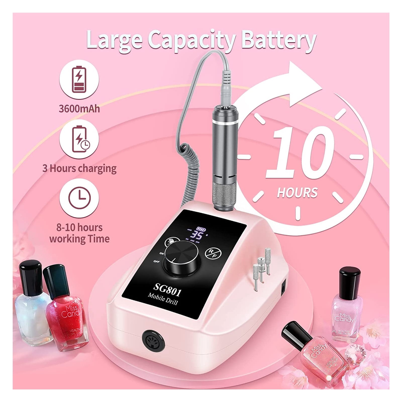 Professional Nail Drill, 35000RPM Electric Nail File Machine With Bits & Foot Pedal, Rechargeable Cordless E File For Manicure ,Low Noise