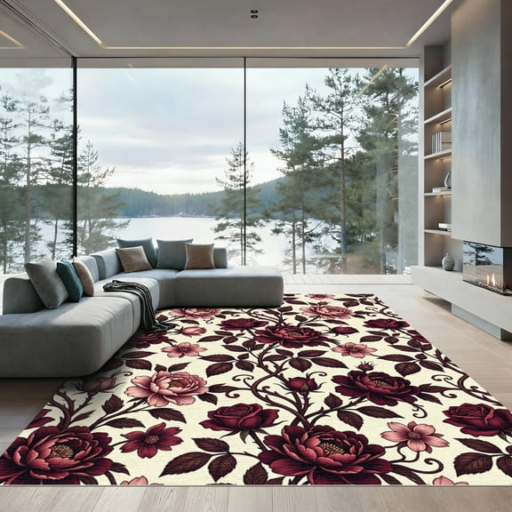 ODIKA 4'x6' Machine Washable Non-Slip Area Rug, Traditional Burgundy High Traffic Rug, Pink, 1257996