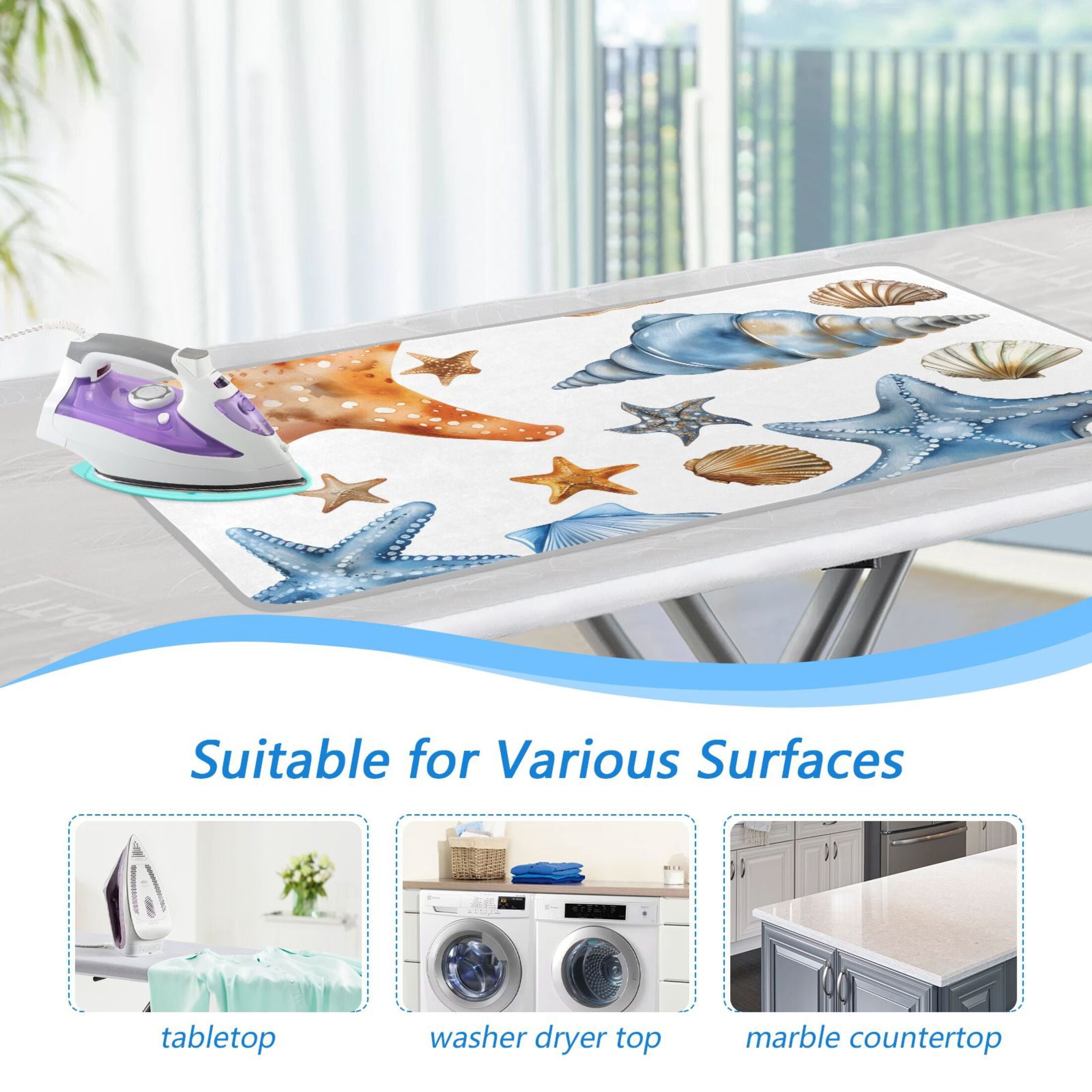 Watercolor Starfish Seashell Ironing Mat Blanket Portable Travel Ironing Pad Heat Resistant Pad 47.2" x 27.6”