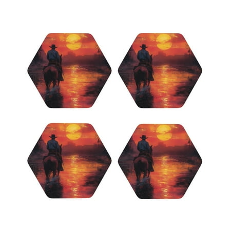 

Fuzoiu Sunset River Western Cowboy Print Leather Coasters Set Drink Coasters Set of 4 for Tabletop Protection Durable PVC Coasters Home Décor and Housewarming Gift-Hexagon