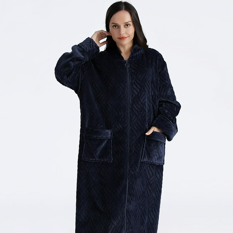 Women's Long Sleeve Robe Oversized Long Hooded Fleece Bathrobe Zipper Soft  Housecoat Fluffy Sleepwear with Pockets 