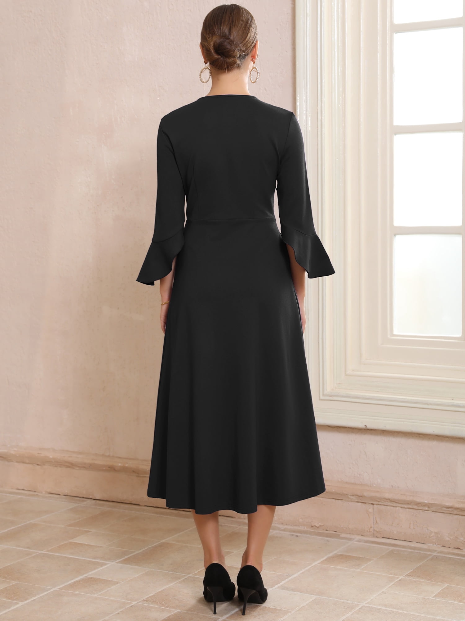 DARING DIVA Women's Zipper Front Bell Sleeves Midi A-Line Dresses L Black