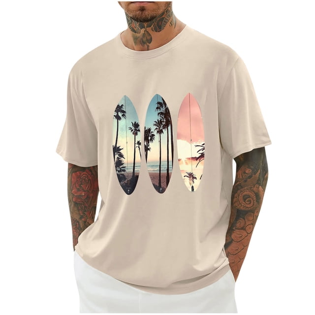 Ceisia Men's Loose Dropped Shoulder Hawaiian Surfboard Print Short Sleeve T-Shirt Casual Summer Top Khaki XXXL Gifts
