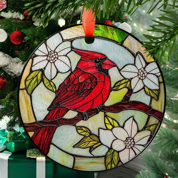 Red Cardinal Stained Glass Window Hanging, Round Bird Suncatcher with Flowers, Memorial Gift, Nature Lover Decor, Fall Window Ornament, Stained Glass Ornament 2025, Holiday
