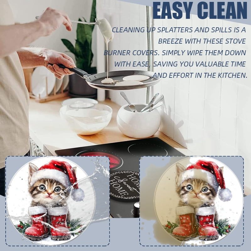 4 Pcs Christmas Gas Stove Burner Cap Set, kitten in Santa Hat and Boots Durable Round Gas Stove Burner Covers Set of 4 for Kitchen Xmas Holiday Decor, 8 Inches and 10 Inches