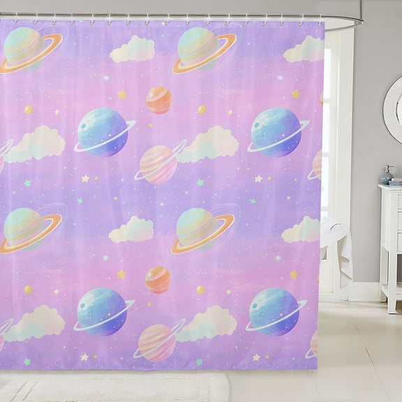 Manfei Kawaii Ringed Planets Shower Curtain 72Wx72L,Cute Clouds Bathroom Curtain,Pink Purple