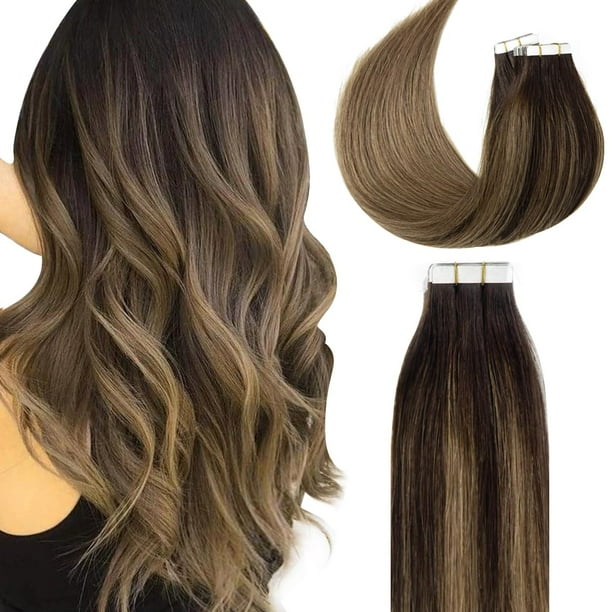 Lacer Cinta marrón en extensiones de cabello humano Balayage natural Sin costuras Doble cara Pu Trama de piel Pegamento en extensiones de cabello 100% cabello virgen real Ombre Marrón más oscuro a cas