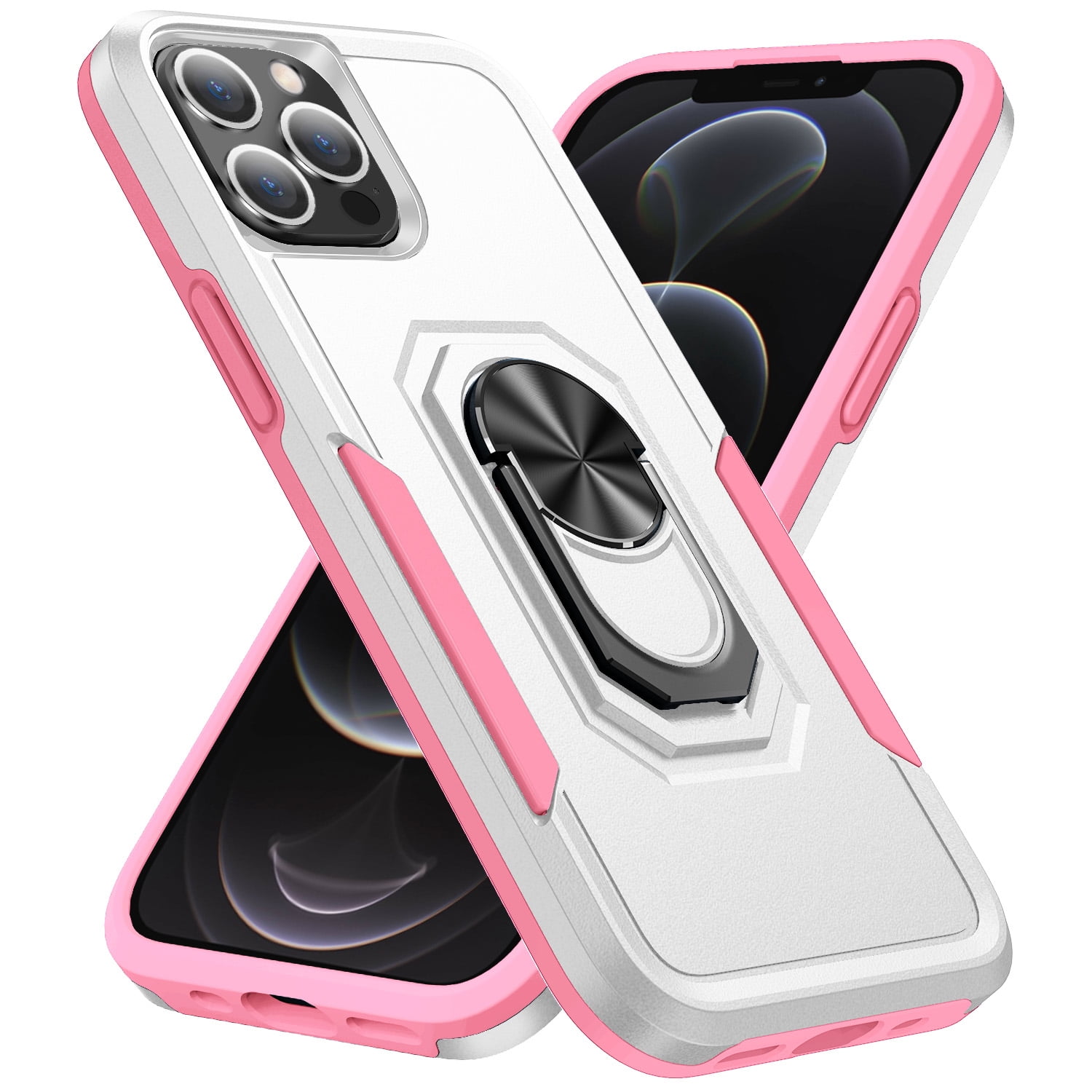 iPhone 12 Case, iPhone 12 Pro Case, 360 Rotate Ring Stand Rugged Lightweight Slim Impact-Resistant Full Body Shockproof Protective Bumper Case For iPhone 12 Pro / 12 6.1",White + Pink