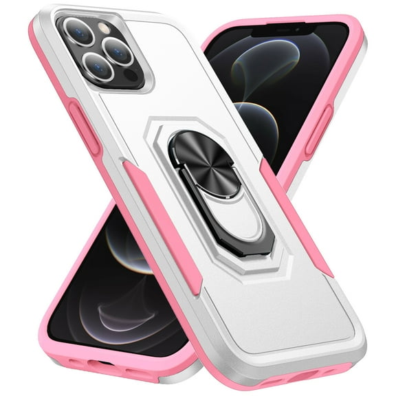 iPhone 12 Case, iPhone 12 Pro Case, 360 Rotate Ring Stand Rugged Lightweight Slim Impact-Resistant Full Body Shockproof Protective Bumper Case For iPhone 12 Pro / 12 6.1",White Pink