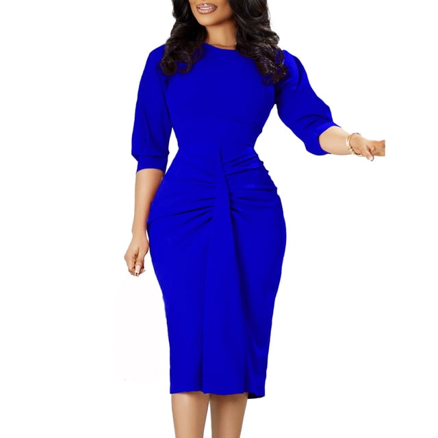 AherBiu Robes Décontractées pour Femmes Robe Crayon Midi Slim Manches 3/4 Froncée Dos à Fermeture à Glissière
