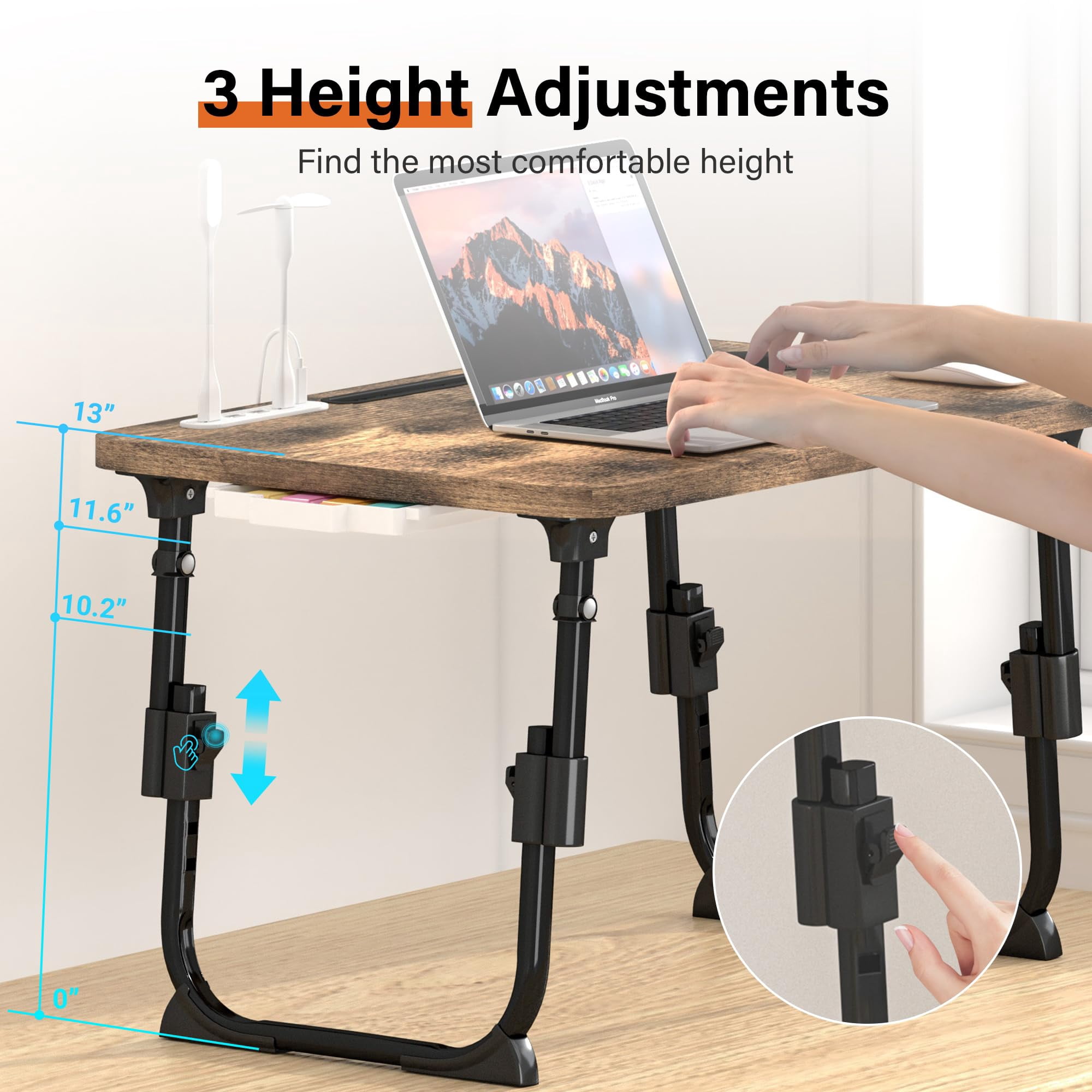 Laptop Desk For Bed Height Adjustable  Lap Table With Usb/storage Drawer/cup Holder/tablet Stand/book Shelf Foldable Breakfast Tray Portable Reading Writing Sofa & Floor Carbonized