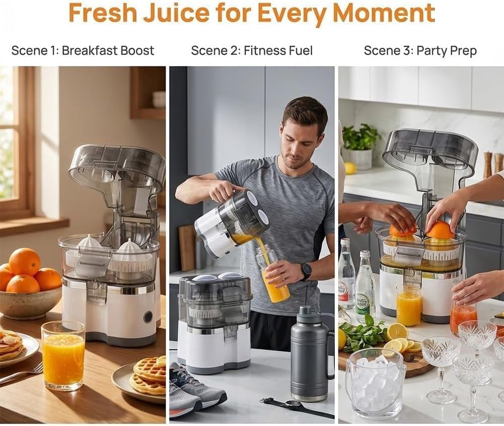 Dual-Head Automatic Citrus Juicer, Dual-Head Electric Citrus Juicer, 2-Speed One-Touch Juicing Machine with Built-in Cutter and Cleaning Brush, High juice yield, Orange Lime Squeezer for Kitchen (B)