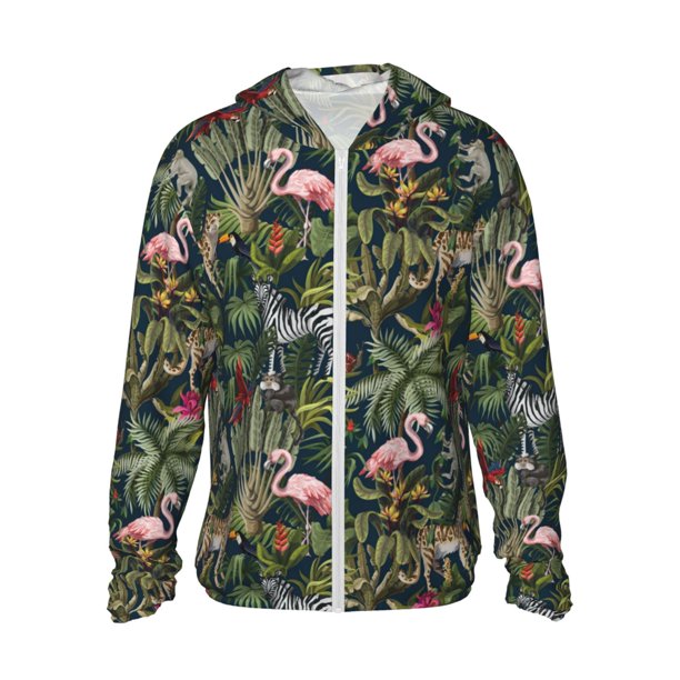 Fotbe Flamingos And Palm Leaves Chaqueta con Protección Solar UPF 50+ para Hombre y Mujer, Camisa con Capucha y Bolsillos-X-Large