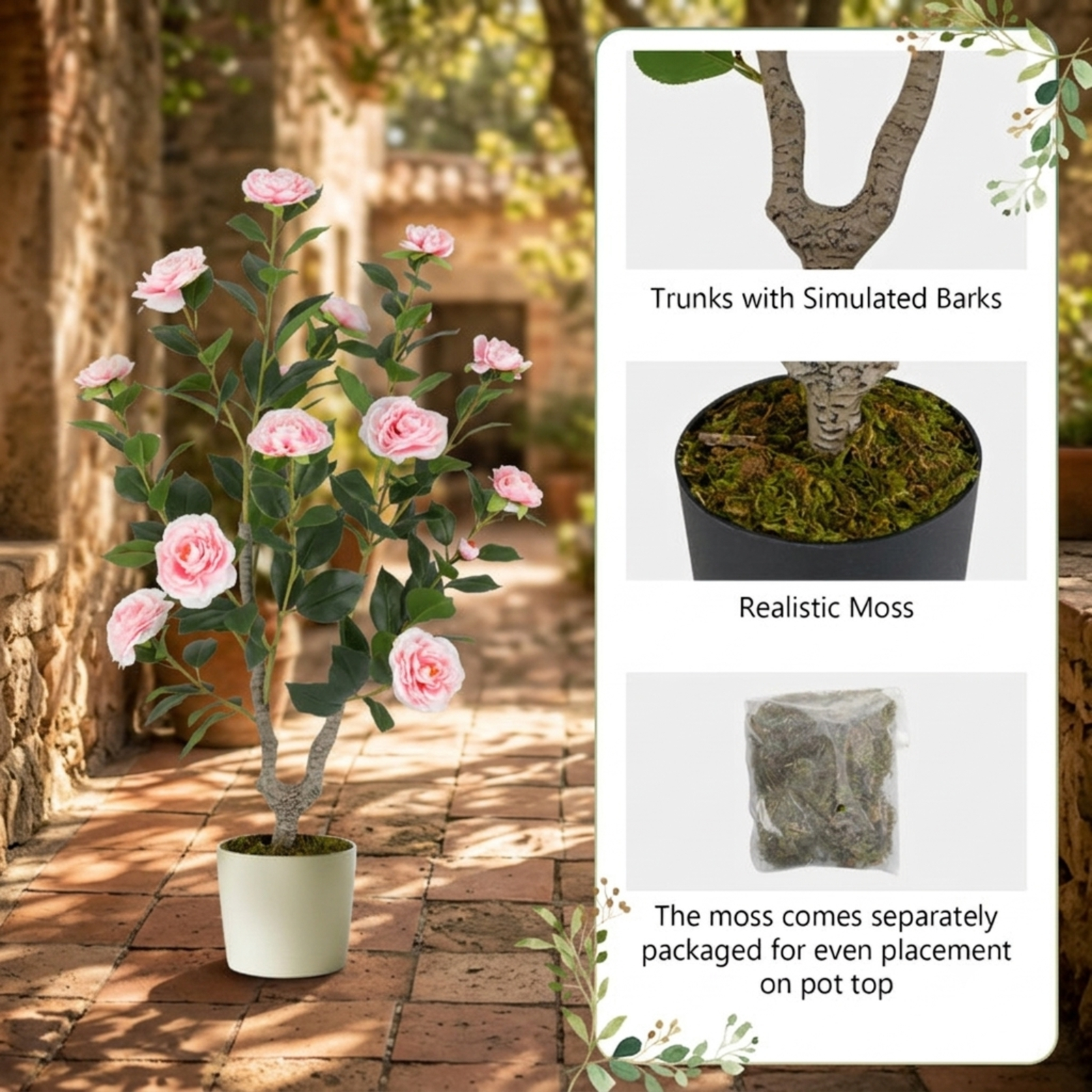 Vebreda Artificial Plant Decor, 36 Inch Artificial Camellia Tree with Blooming Flower 1 Pack, Vivid and Natural Appearance, Reliable Materials