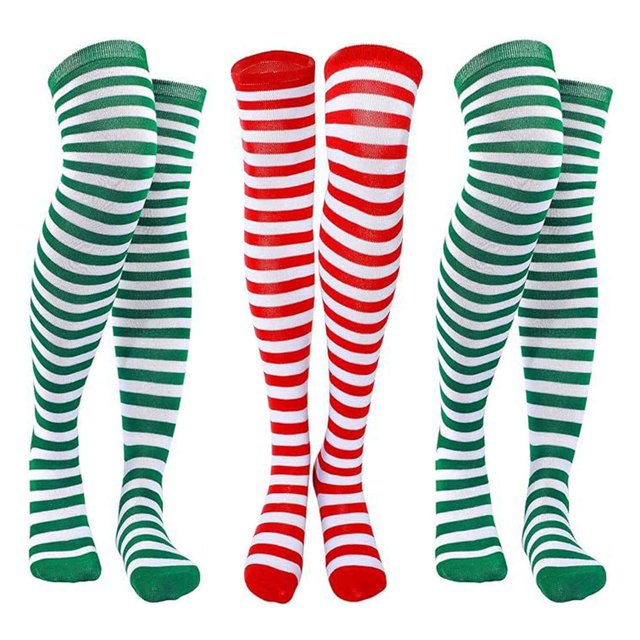 CSChome Over-the-knee Striped Socks Striped Stockings Green White Contrast Color High Elasticity Slip Over Knee Length Soft Breathable Holiday Christmas