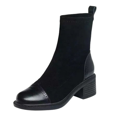 

Fashion Women Solid Color Autumn Thick Sole Square Heels Slip On Mid Booties Round Toe Shoes