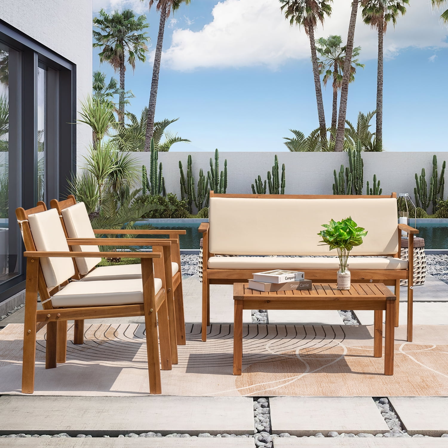 Devoko 4 Pieces Wood Patio Conversation Set Acacia Outdoor Furniture Set with Cushions and Side Table Beige
