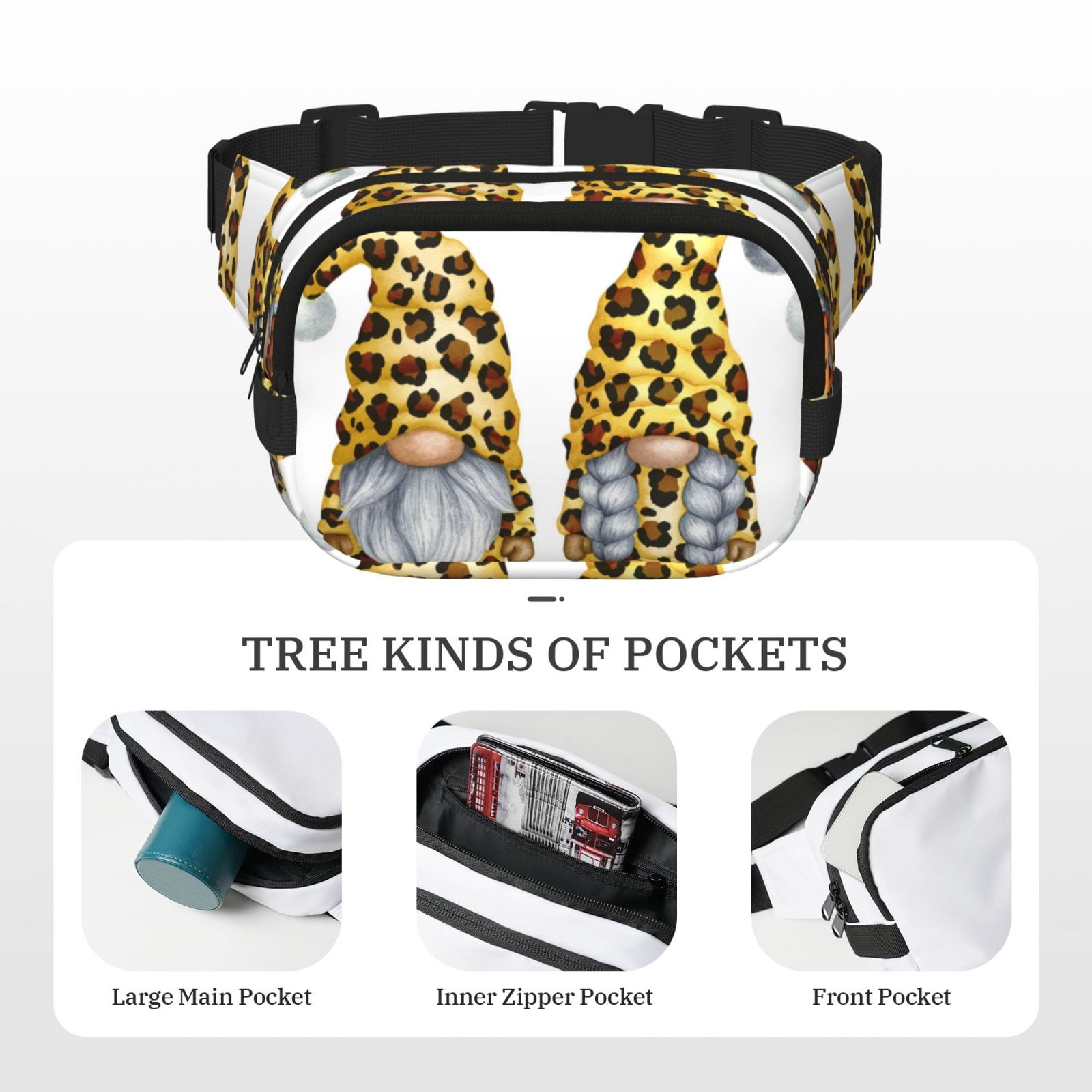 Hirioo Leopard Gnomes for Double Layer Waist Bag Adjustable Fanny Pack For Travel Running Hiking