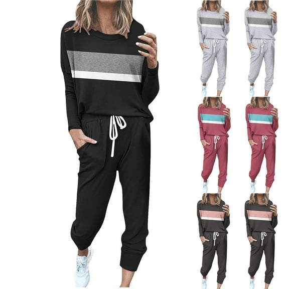 CFLVAEK Two Piece Outfit Women Plus Size Long Sleeve Crewneck Tops Drawstring Waist Jogger Pants Trendy Color Block Graphic Lounge Sets Black XL