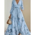 thumbnail image 2 of Blue Floral Print Lantern-Sleeve Ruched V-Neck Maxi Dress With Belted Waist, 2 of 2