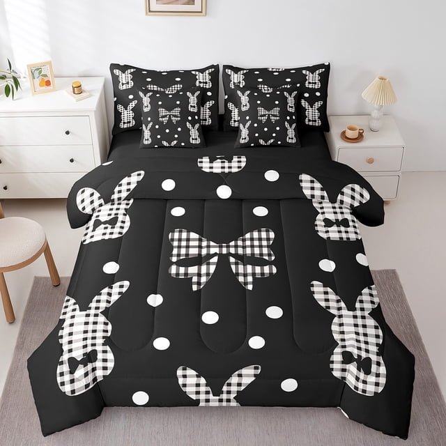 Erosebridal Wildlife Rabbit Bedding Sets Twin Size,Bowknot Geometric Buffalo Comforter Sets with Sheets,Easter Decor,Reversible,7pcs