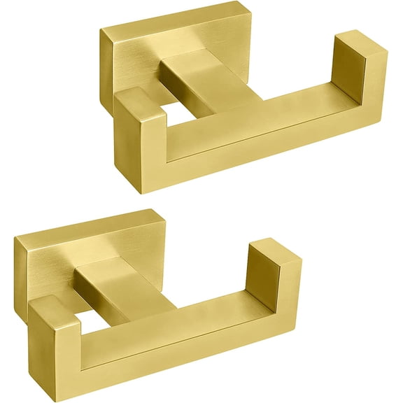 ABPETE Bath Double Towel Hook- SUS304 Stainless Steel Square Robe Towel Holder, Heavy Duty Rustproof Double Coat Hook for Bathroom Livingroom Kitchen Wall Mounted, 2 Pack (Brushed Gold)