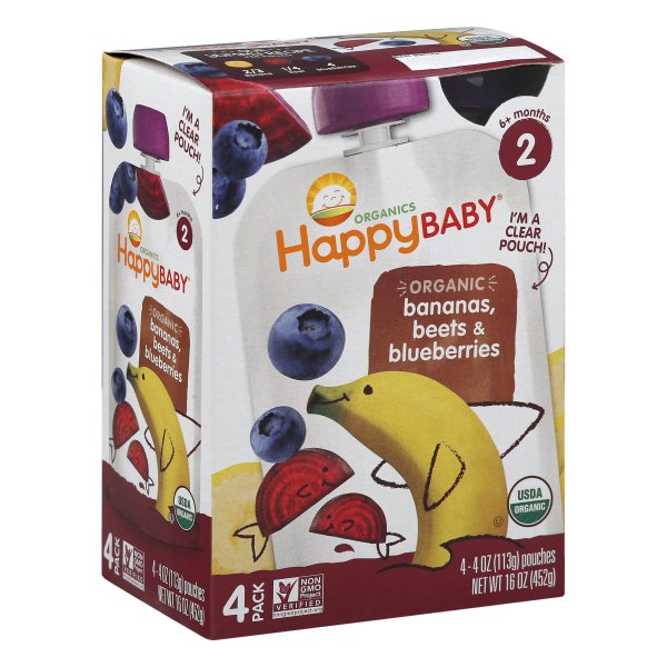 (4 Pouches) Happy Baby Organic Simple Combos Bananas Beets and Blueberries Baby Food Stage 2, 3.