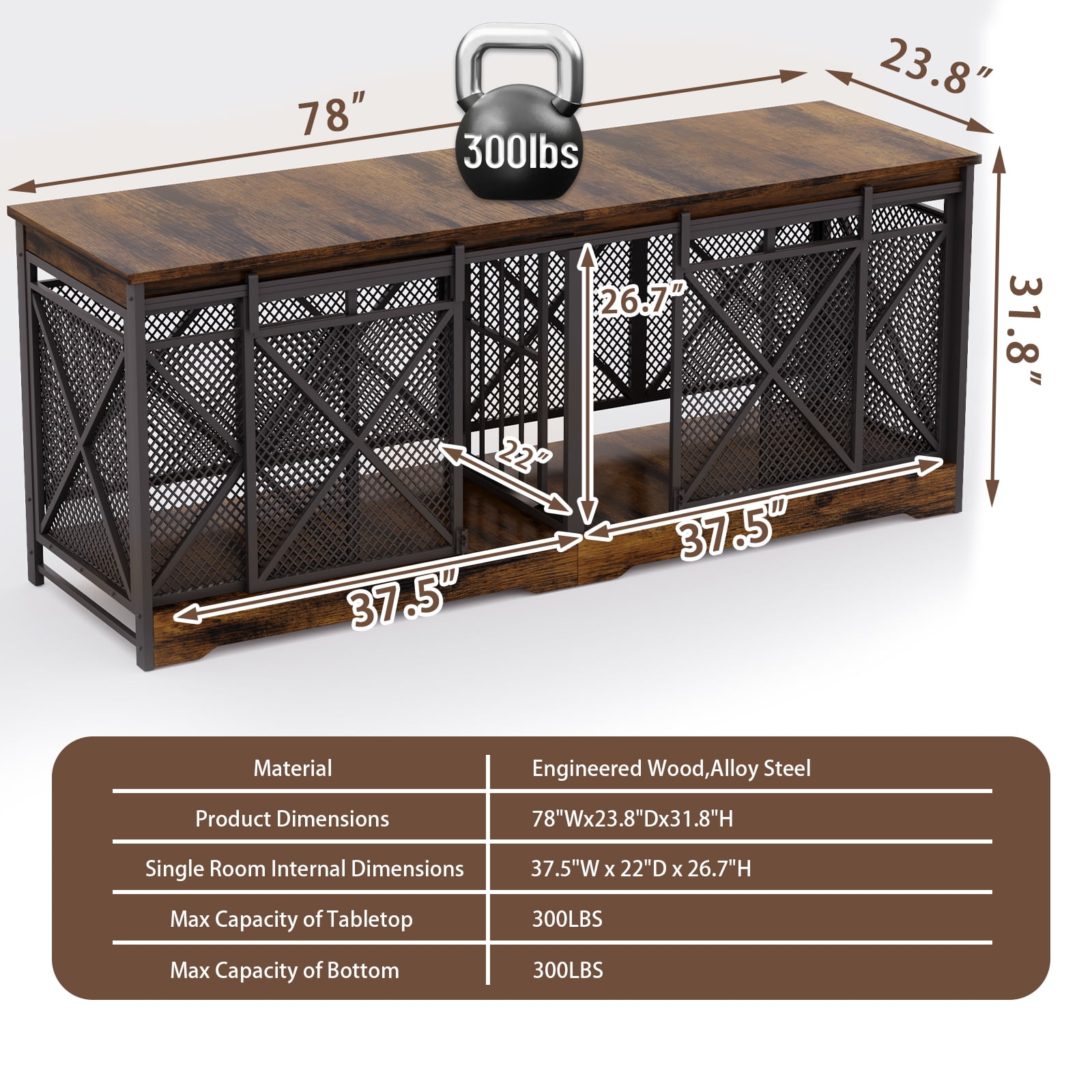 78 inch Double Dog Crate Furniture for 2 Dogs Lager Dog Wooden Crate Kennel table with Removable Divider Indoor Dog House for Small Medium Large Extra Large Size Brown