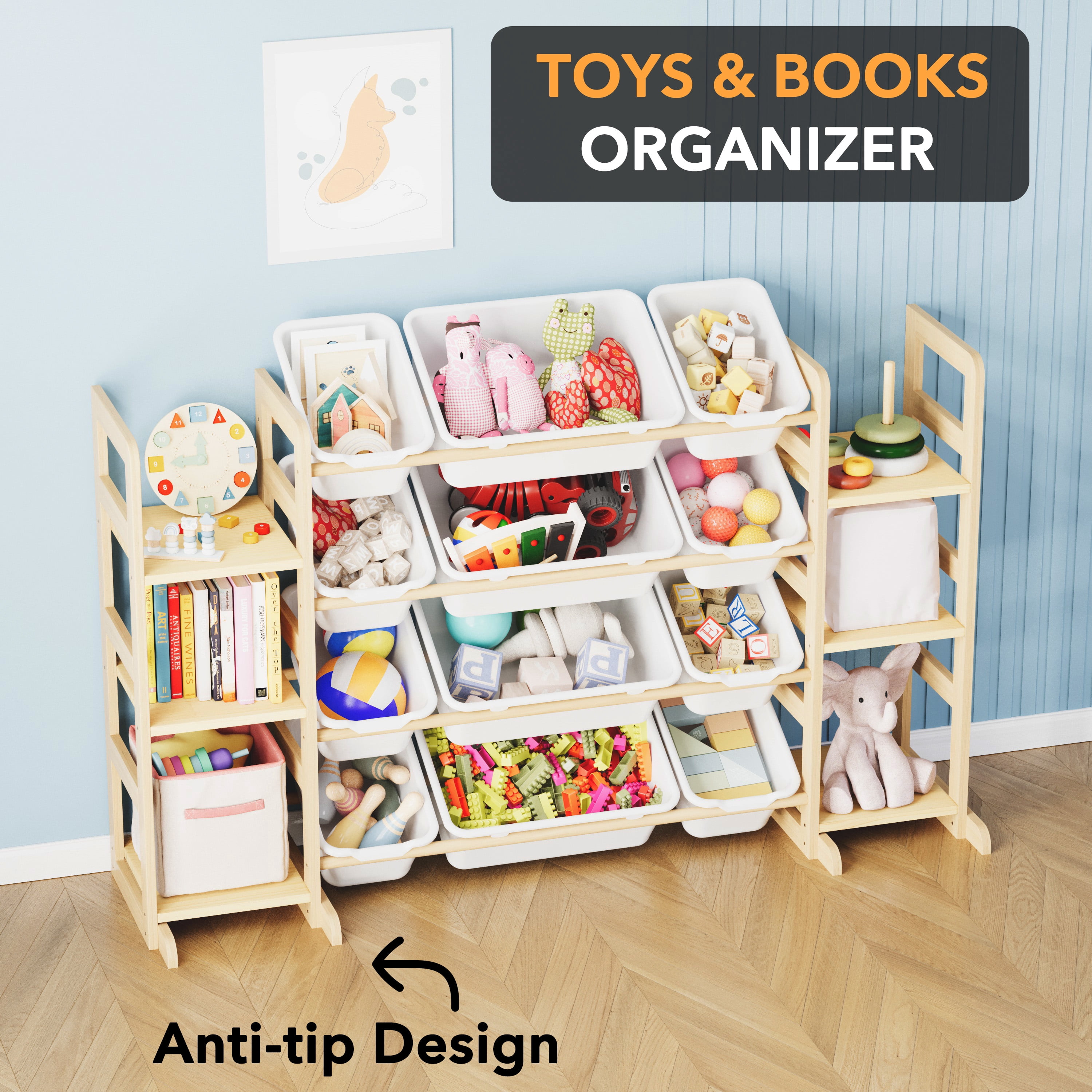 SpaceAid Toy Storage Organizer, Kids Bookshelf and Bookcase with 6 Shelves and 12 Bins, White