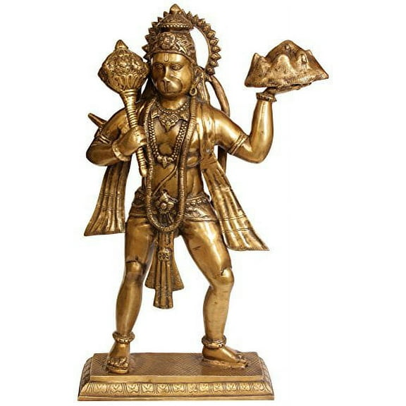 Mahabali Hanuman Carrying Mount Dron - Brass Statue
