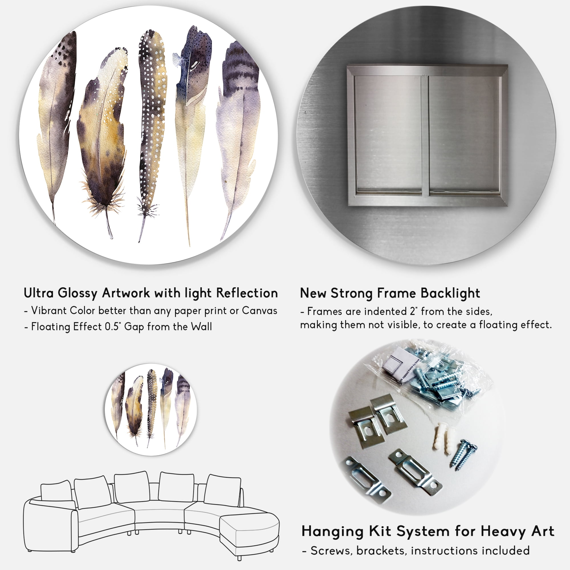 Designart 'Dark Gray Feathers Boho Ethnic I' Bohemian & Eclectic Circle Metal Wall Art 11x11 - Disc of 11