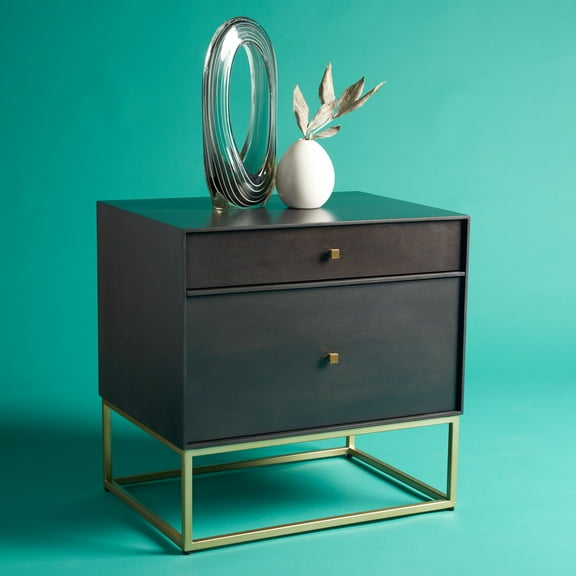 SAFAVIEH Couture Adelyn Glam Nightstand with 2 Drawers, Charcoal/Gold