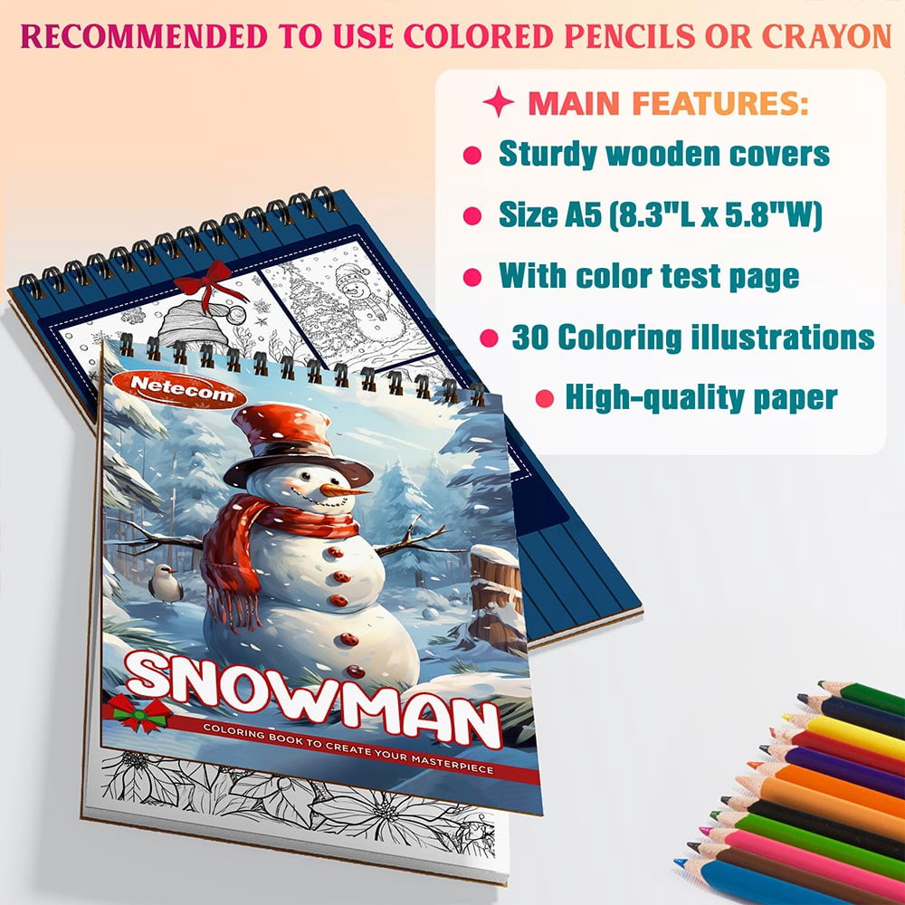 Netecom Snowman Coloring Book Spiral Bound for Adults, A5 Wooden Cover, 30 Heartwarming Coloring Pages of snowmanUnder Winter Scenes for Stress Relief and Relaxation