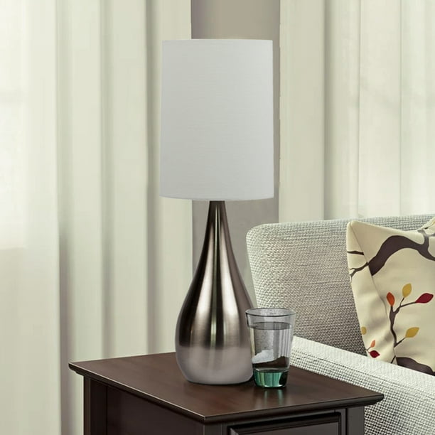 Teardrop Table Lamp With Linen Shade, Teardrop 21 High Brushed Steel Table Lamps
