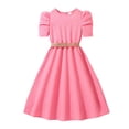 thumbnail image 2 of JDQJBZ Toddler Girl Ruffle Sleeve Dress Solid Color Puff Sleeve Round Neck Ruffle Hem Smocked Dress, 2 of 5
