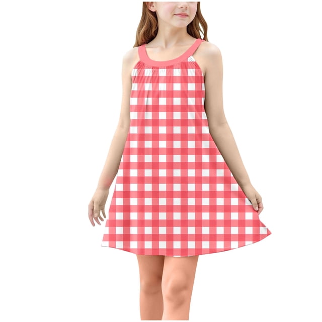 Moocorvic Robes Imprimées à Carreaux pour Filles Robe d'Été Sans Manches Tenues Décontractées pour Enfants Robe Dos Nu